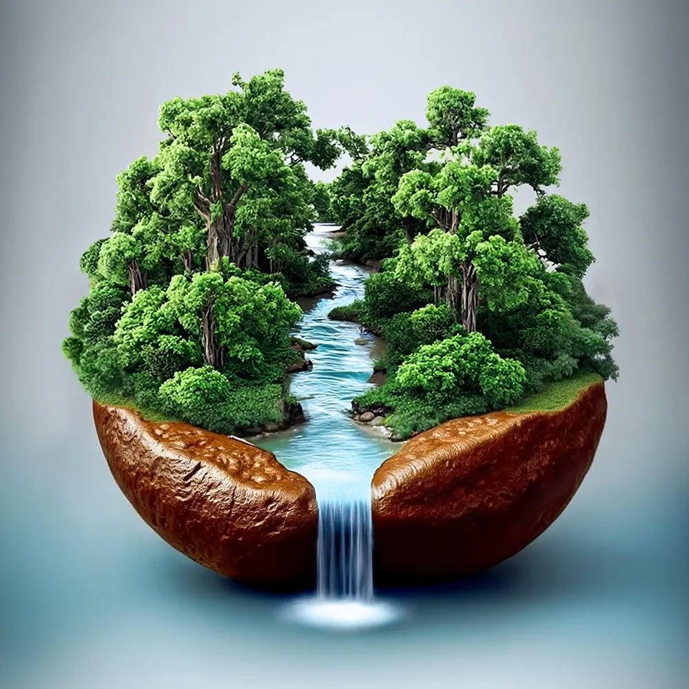 A conceptual 3D render of a thriving forest ecosystem with a river inside a giant halved coffee bean, symbolizing sustainable and eco-friendly farming.