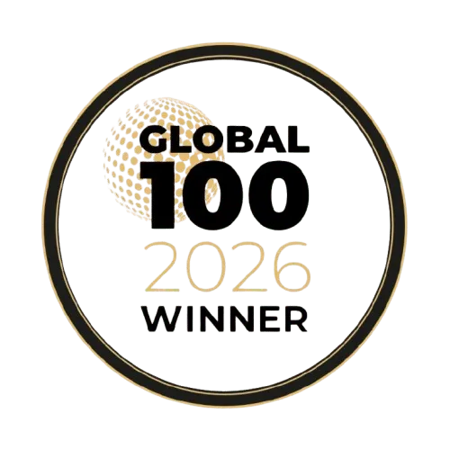 Global 100 2026 Winner badge, recognizing excellence as a top-tier international coffee service provider.