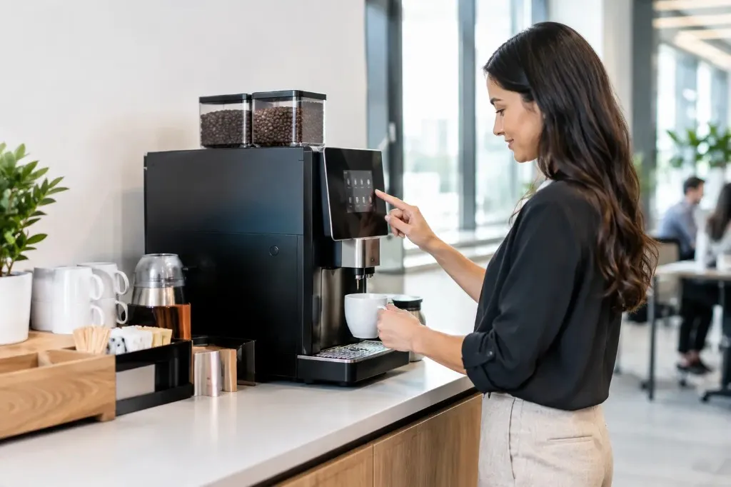 A woman selects a drink on a commercial bean-to-cup touchscreen machine in a bright office break area, with mugs and supplies on the counter.