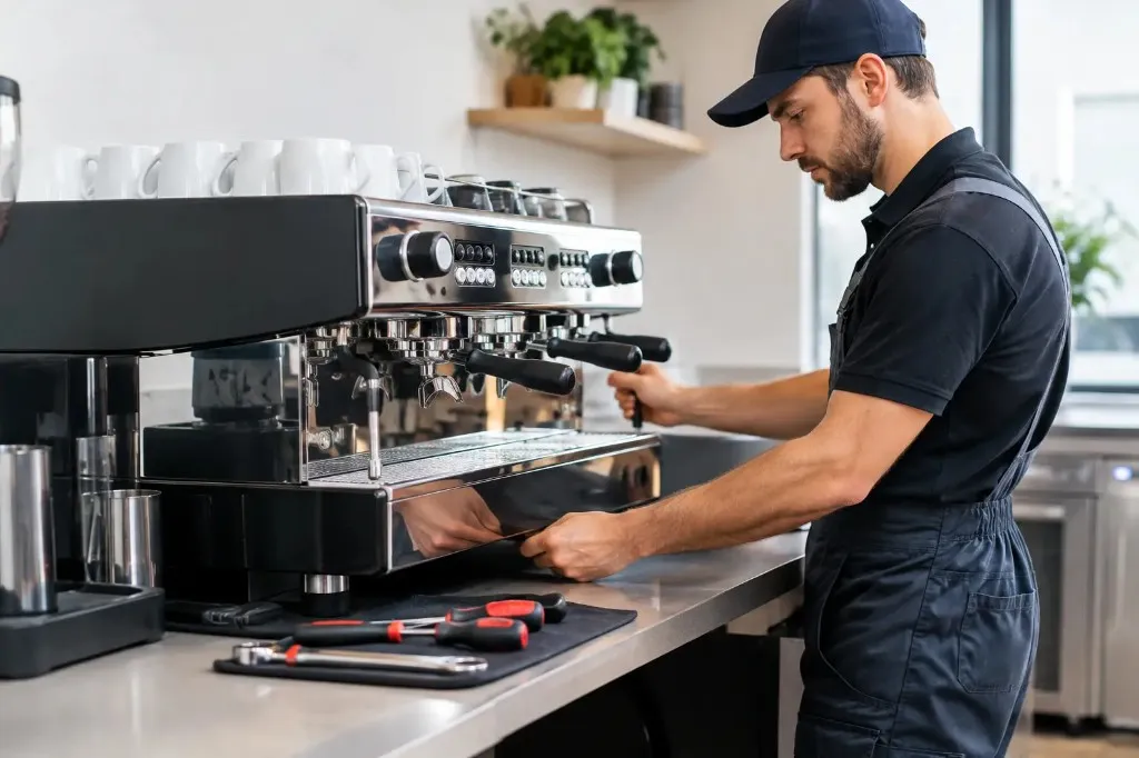 A technician in work overalls servicing a large chrome commercial espresso machine on a stainless steel counter, with hand tools laid out nearby.