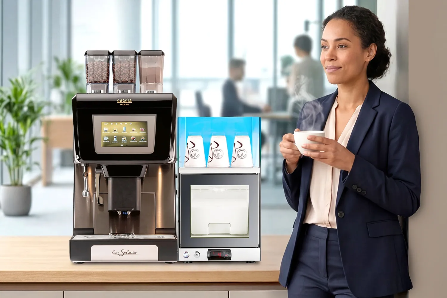 Office employee smiling next to a premium bean-to-cup coffee station