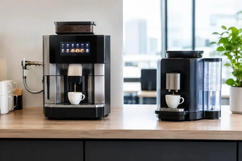 Two commercial bean-to-cup coffee machines on an office counter, a plumbed model with a water hose beside a tank-fed model with a visible reservoir, both dispensing into cups.