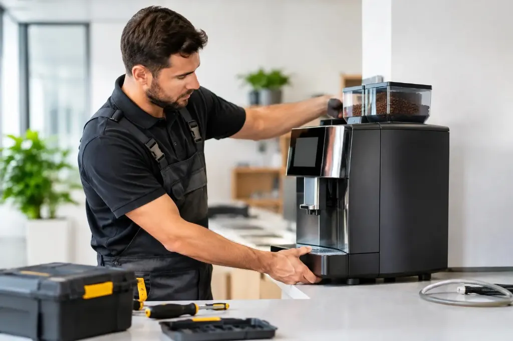 A technician in black overalls positioning a commercial bean-to-cup coffee machine on a white office counter, with tools, a water hose and filled bean hoppers visible.
